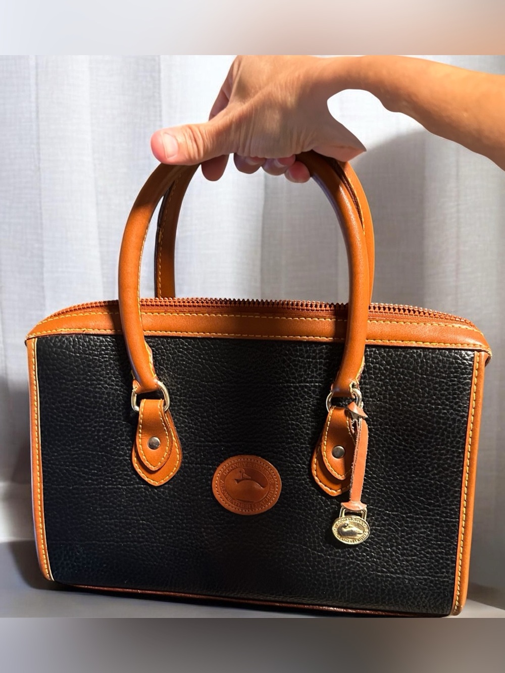 Dooney & Bourke Black with Cognac Trim All Weather Leather Satchel